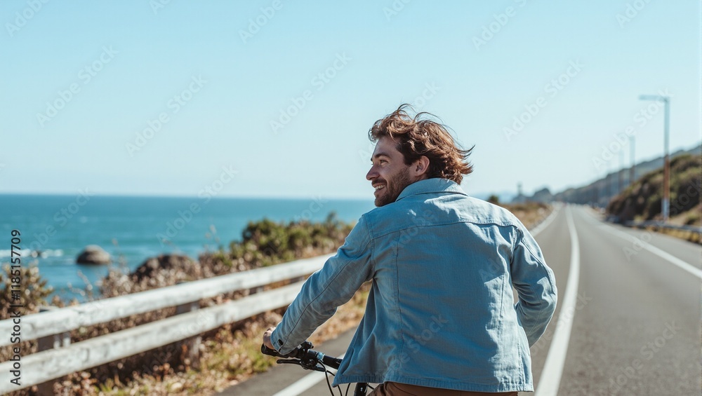 Fototapeta premium Man in light blue jacket cycling along ocean road wind tousling hair feeling free under clear sky