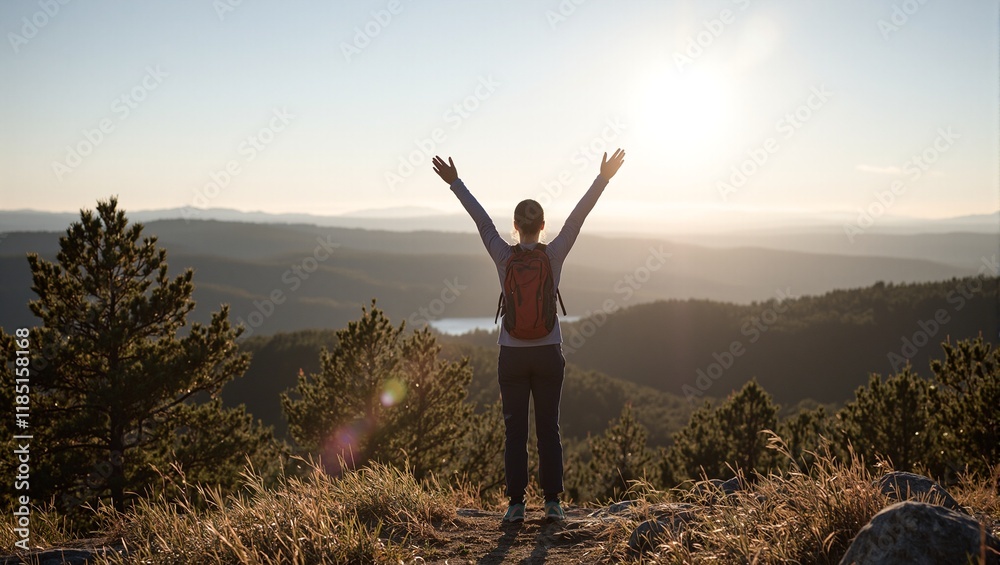 Young woman in hiking gear triumphantly raises arms atop hill gazing at morning valley bathed in sunlight Young woman in hiking gear triumphantly raises arms atop hill gazing at morning valley bathed in sunlight