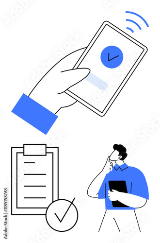 Hand holding smartphone with checkbox confirmation, clipboard with checklist, and thinking man holding tablet. Ideal for task tracking, productivity, planning, digital tools, efficiency