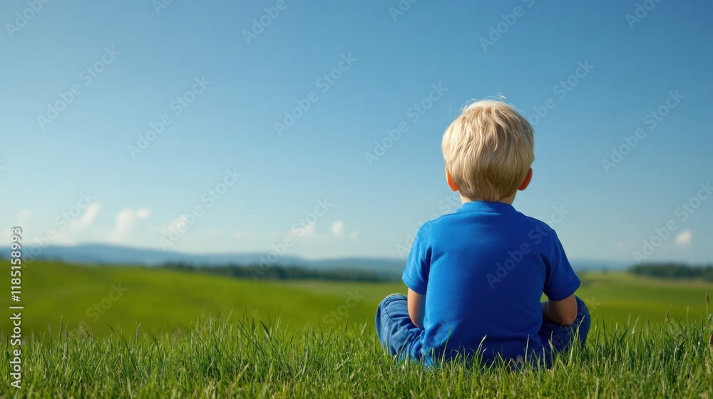 Young Child Sitting on Green Grass Observing Clear Blue Sky and Peaceful Landscape in Sunny Day Young Child Sitting on Green Grass Observing Clear Blue Sky and Peaceful Landscape in Sunny Day