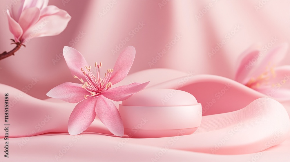 Pink cosmetic cream jar mockup with magnolia flowers on silk background Pink cosmetic cream jar mockup with magnolia flowers on silk background