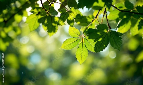 3D Animation of A close-up of green leaves on a branch. Video background