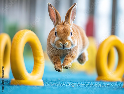 Bunny jumping over yellow rings in a playful setting photo