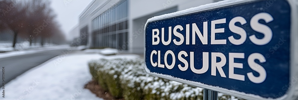 Sign that reads “BUSINESS CLOSURES”. - closing - weather - snow - ice - winter storm - emergency - closed - factory - plant - offices - dismissed - alert - safety - stay home
