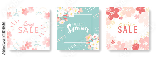 春のセール用デザインセット | 桜のイラスト カード バナー ( ベクター素材 )