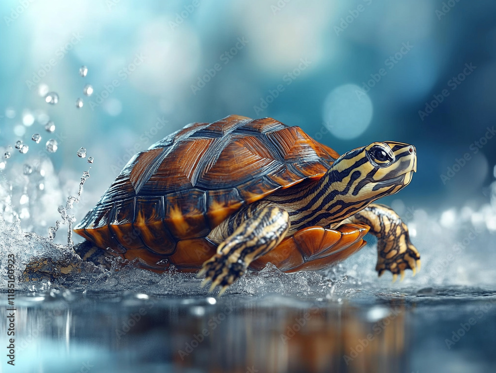 Obraz premium Turtle swimming through clear water with splashes