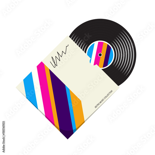 Vinyl record partially emerging from a cardboard sleeve, vector illustration in retro style. Neon colored packaging and retro music disk on white background