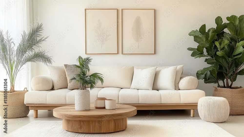 Naklejka premium Minimalist living room, neutral tones, beige couch, wooden coffee table, large potted plants, fiddle leaf fig, botanical wall art, woven baskets, natural textures, organic shapes, calm atmosphere, Sca