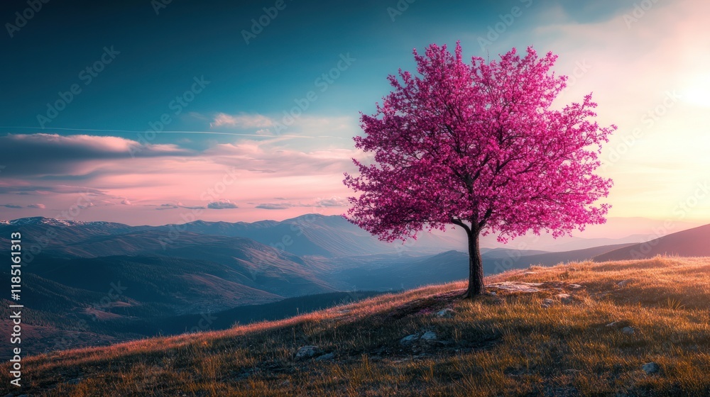 Pink Tree on a Mountaintop at Sunset Pink Tree on a Mountaintop at Sunset