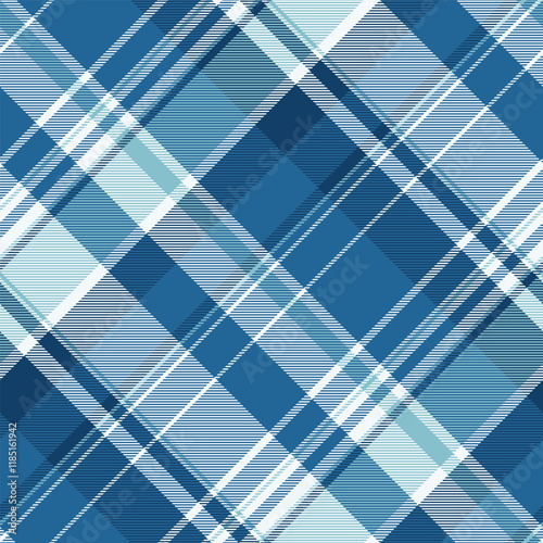 Striking diagonal plaid pattern in cool blues and whites.  Perfect for textile design, website backgrounds, or modern branding.  Clean lines and sophisticated color palette create a versatile image.