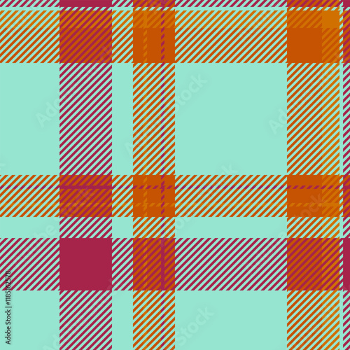 Vibrant teal, orange, and maroon plaid pattern.  Perfect for textile design, fashion, websites, or any project needing a bold geometric texture.