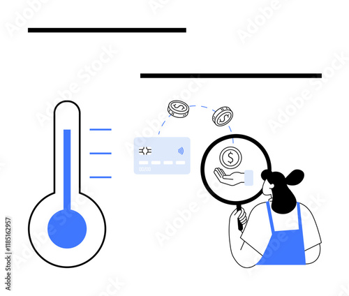 Woman holding magnifying glass, analyzing financial data, with a thermometer, credit card, and coins in the background. Ideal for financial analysis, budgeting, investment, economy savings