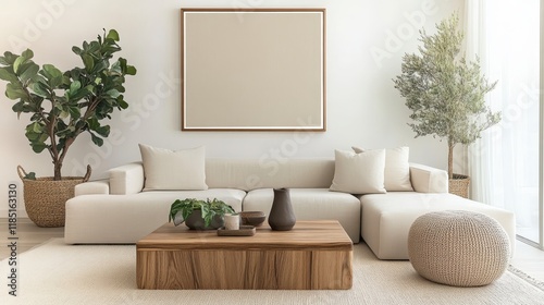 Minimalist living room, neutral tones, beige couch, wooden coffee table, large potted plants, fiddle leaf fig, botanical wall art, woven baskets, natural textures, organic shapes, calm atmosphere, Sca