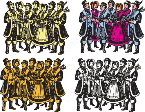 A vintage illustration of a group of joyful carolers dressed in festive costumes, singing during the holiday season.