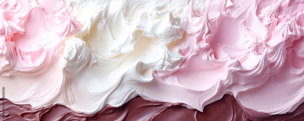 Delicious swirls of pink, white and brown frosting creating a sweet textured background Delicious swirls of pink, white and brown frosting creating a sweet textured background