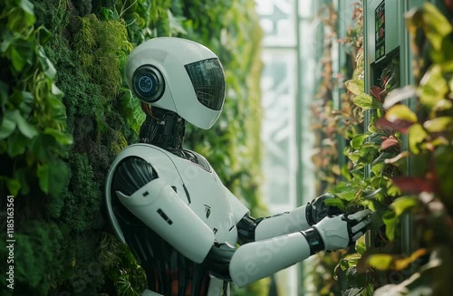 A robot gardener in an autonomous greenhouse tends vertical gardens with native plants. Generative AI