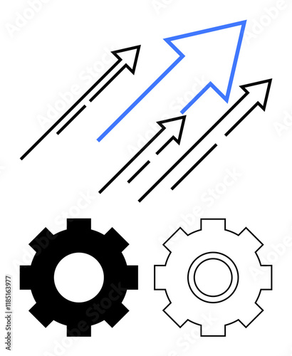 Upward arrows visualize growth and advancement gears signify teamwork, innovation, and efficiency. Ideal for success, business strategy, technology, teamwork, productivity, goals abstract line flat