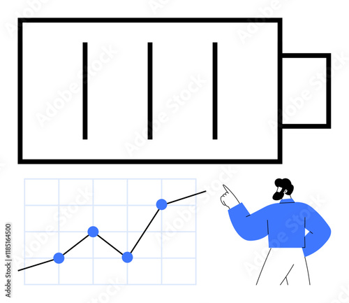 Battery icon with energy bars, upward-trending line graph, and professional pointing. Ideal for energy management, performance metrics, analytics, sustainability, presentations, research abstract