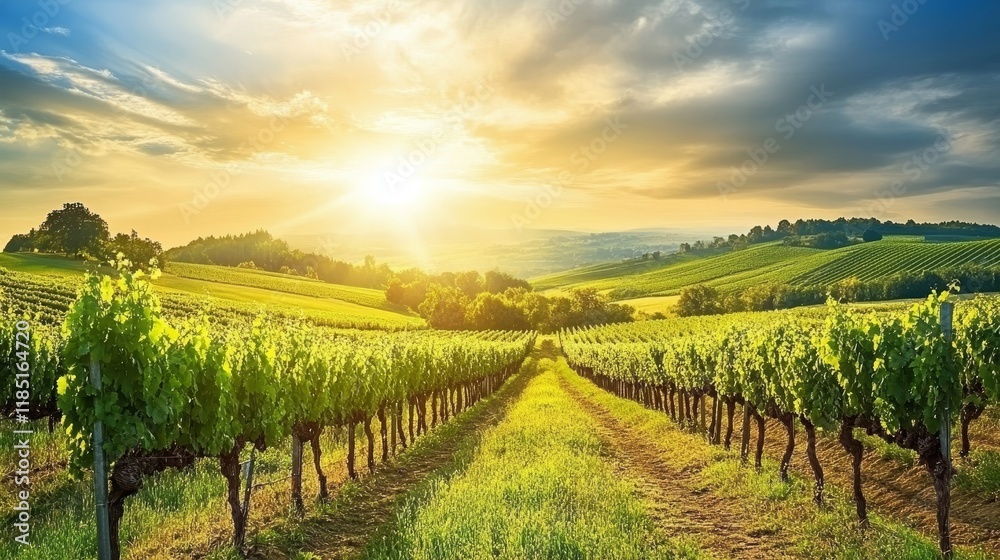 Naklejka premium Lush Green Vineyards Stretching into the Horizon Under a Colorful Sunset in the Countryside, Showcasing the Beauty of Nature and Agricultural Life