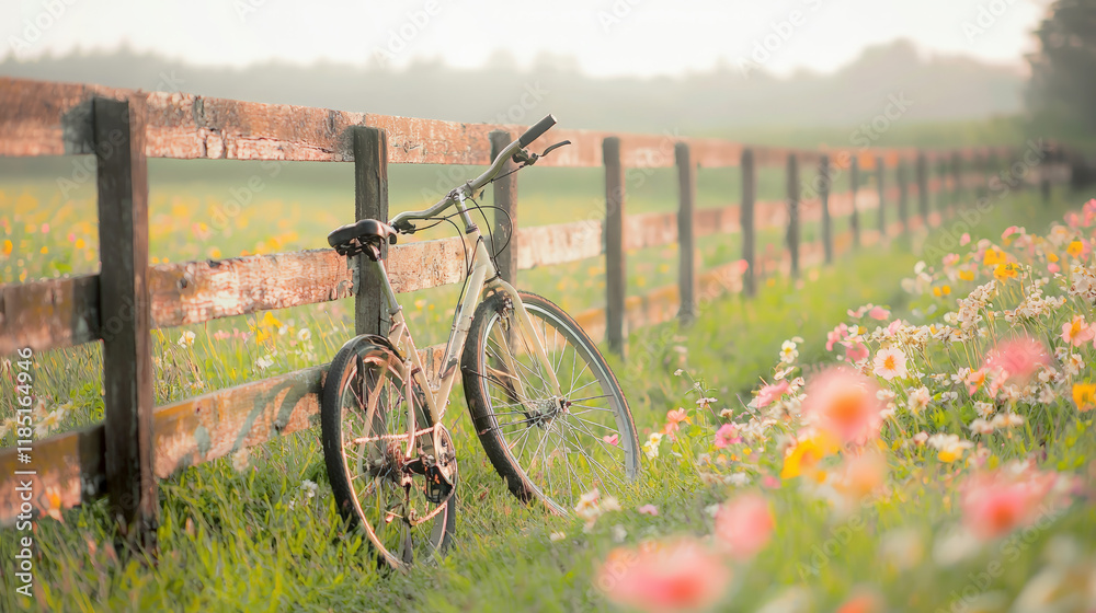 Naklejka premium bicycle leaning against rustic fence surrounded by spring flowers