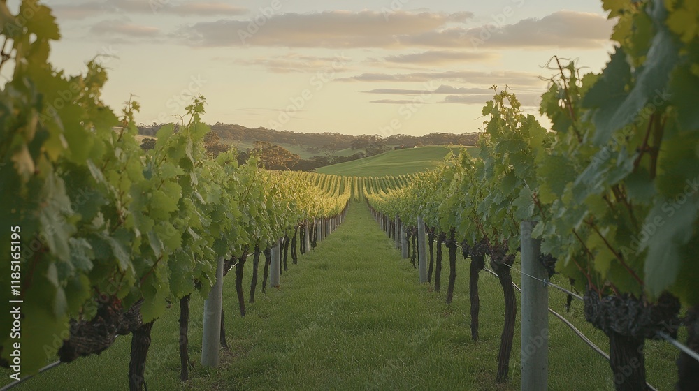 Naklejka premium Lush Vineyard Landscape Under a Soft Sunset Sky, Rows of Green Grapevines Stretching to the Horizon, Tranquil Countryside Scenic Beauty for Wine Lovers and Nature Enthusiasts