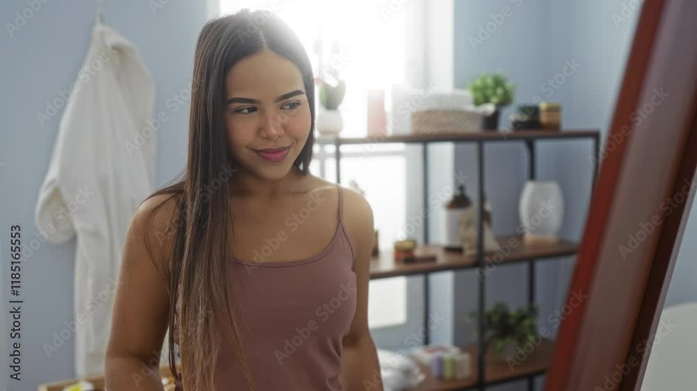 Woman in spa adjusting hair in front of mirror with shelves in background, showcasing beauty and wellness ambiance in indoor setting.