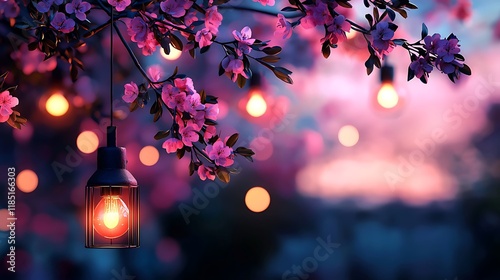 Evening Blossom with Hanging Lights in a Tranquil Garden - A Serene Night Scene photo