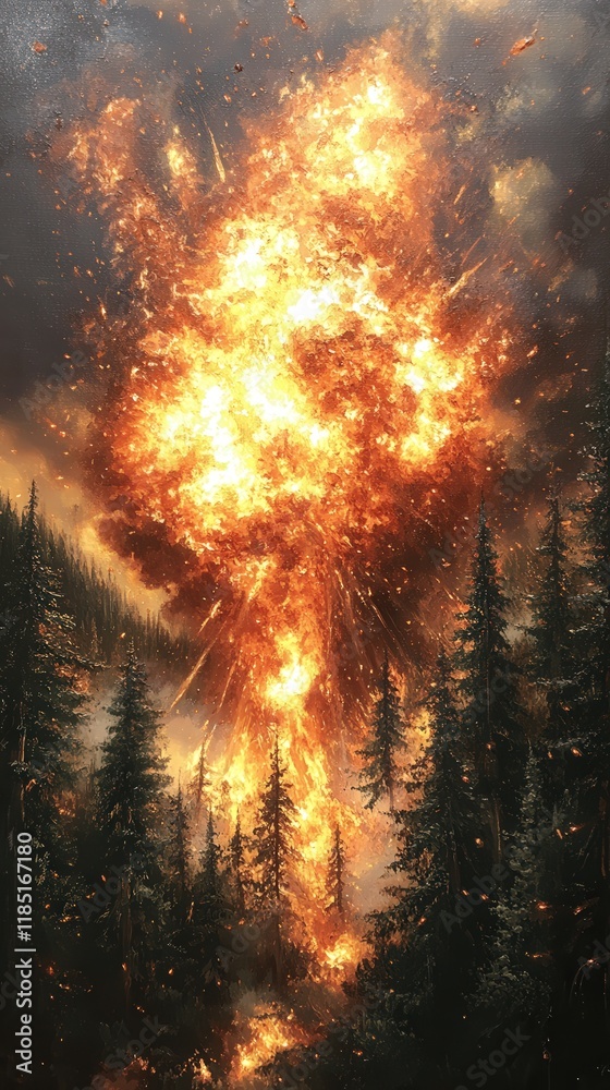 Intense Forest Fire Explosion with Tall Trees and Dramatic Smoke in Wilderness Landscape - Captivating Image of Nature's Fury and Destructive Power Intense Forest Fire Explosion with Tall Trees and Dramatic Smoke in Wilderness Landscape - Captivating Image of Nature's Fury and Destructive Power
