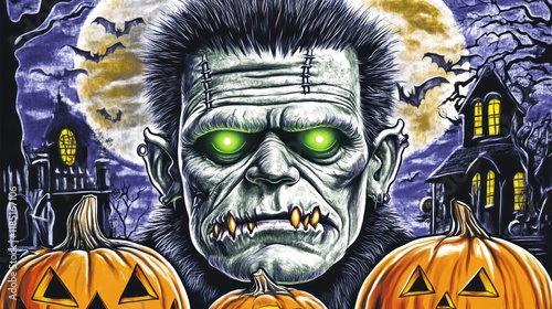 Monster portrait with Halloween theme, spooky face, haunted house, jack-o'-lanterns, full moon background. photo