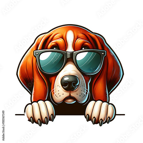 redbone coonhound puppy wearing sunglasses peeking cartoon illustration photo