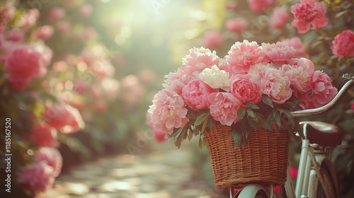 Fototapeta Naklejka Na Ścianę i Meble -  Pink peonies in wicker bicycle basket.