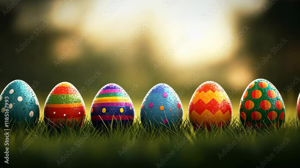 Colorful decorated Easter eggs arranged in a row on grass during a sunny spring afternoon