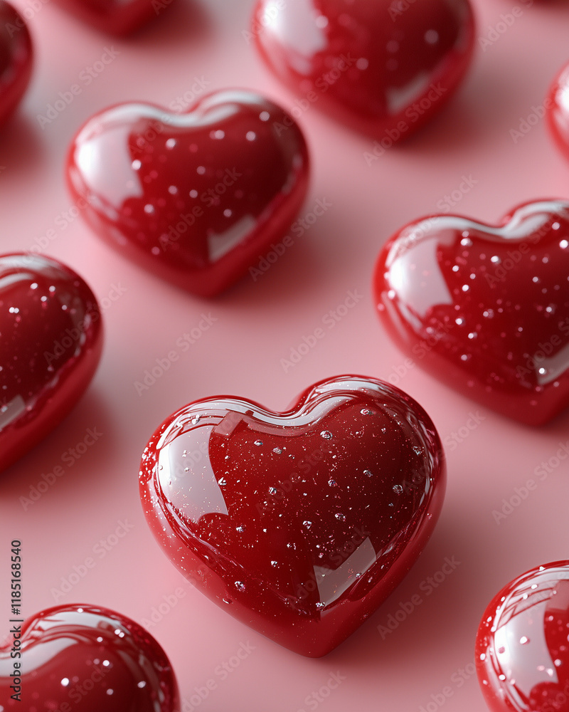 Obraz premium Seamless Pattern of Glossy Heart Shapes in Pink and Red for Valentine’s Day