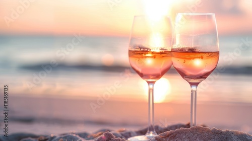 Two glasses of rosÃƒÂ© wine on a beach picnic at sunset, with soft focus background. photo