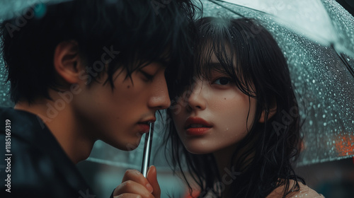 Romantic Japanese Couple Under Rainy Umbrella, Close-Up Portrait Capturing Love and Intimacy, Valentine’s Day Concept, Emotional Connection in Rainy Scene, Ai generated images