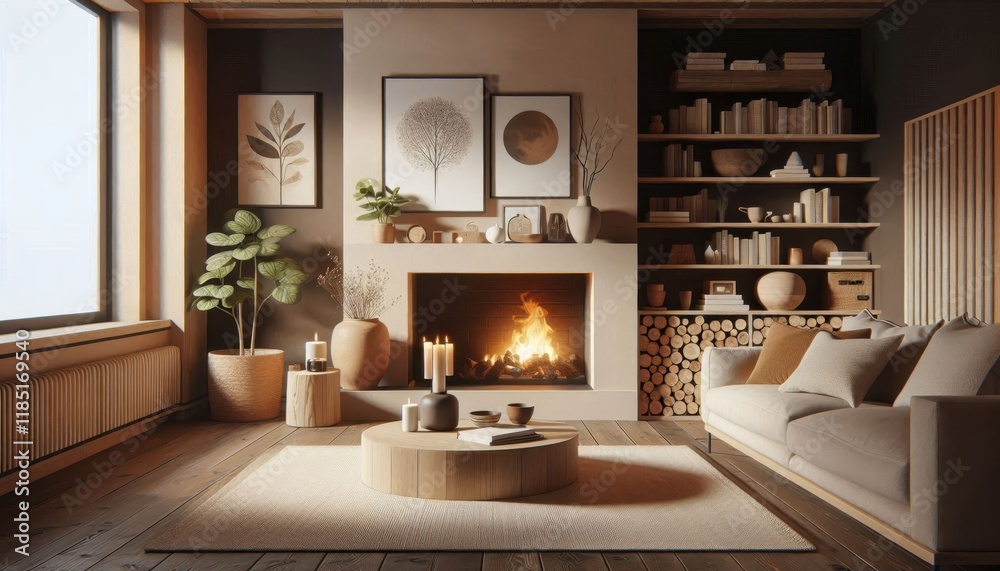 Fototapeta premium Cozy living room, warm fireplace, cream sofa, wooden coffee table, bookshelves, framed artwork, stacked firewood, soft lighting, rustic modern decor, earth tones, intimate atmosphere, hygge interior,
