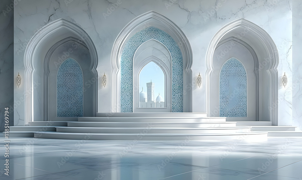 Fototapeta premium Marble Mosque Interior, City View, Sunlight, Steps, Display