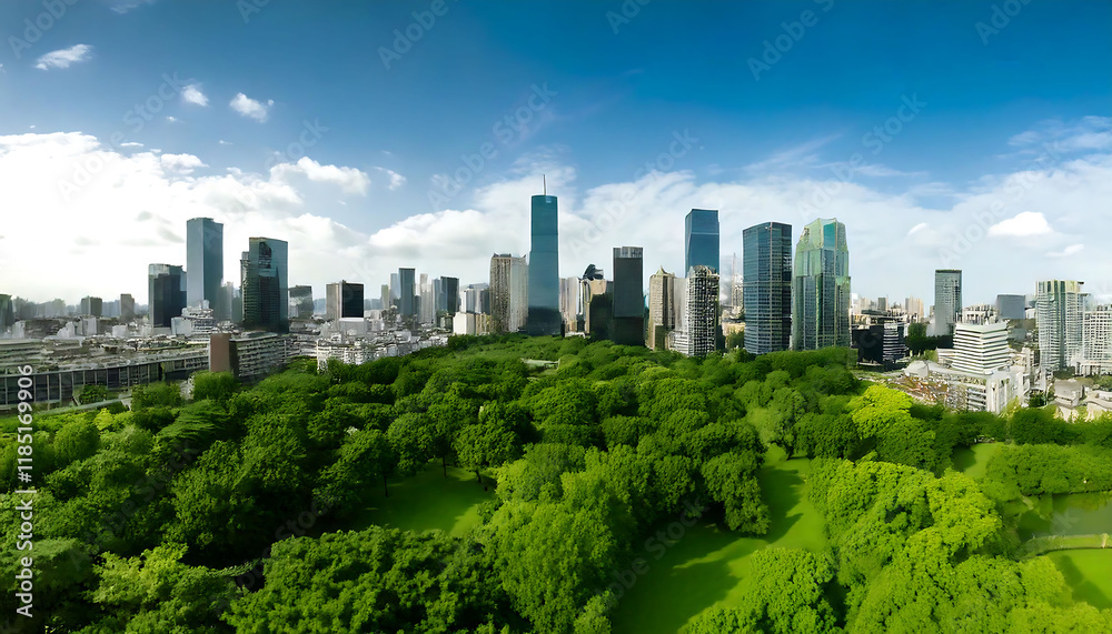 Fototapeta premium Stunning aerial view of a vibrant city skyline nestled amidst a lush green park. Perfect for illustrating concepts of urban planning, sustainability, or environmental harmony.