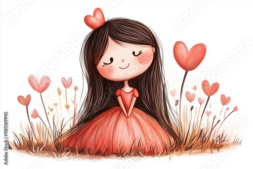 Cute illustration of princess with long brown hair wearing red dress, surrounded by heart-shaped flowers in field. photo