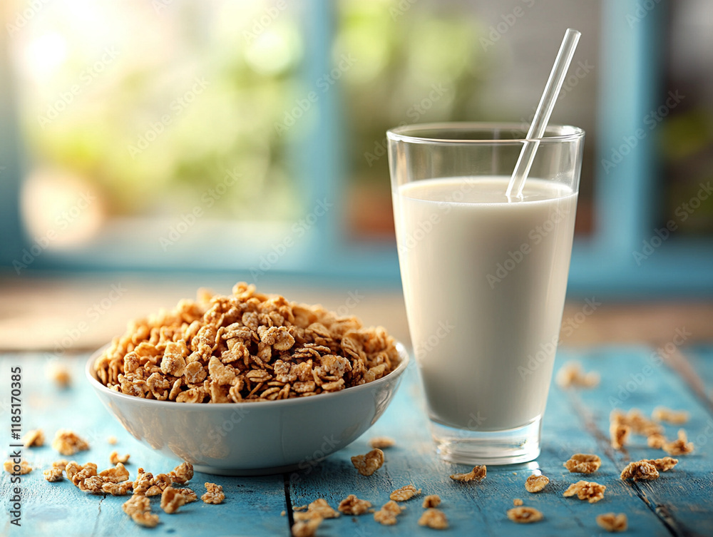 Healthy breakfast with cereal and milk served indoors Healthy breakfast with cereal and milk served indoors