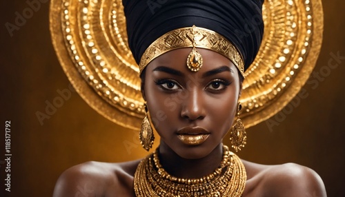 Portrait closeup beauty fantasy african woman face in gold paint. Golden shiny skin. Fashion model girl goddess hand fingers posing. Arab turban head, jewellery bracelets. Professional metallic makeup