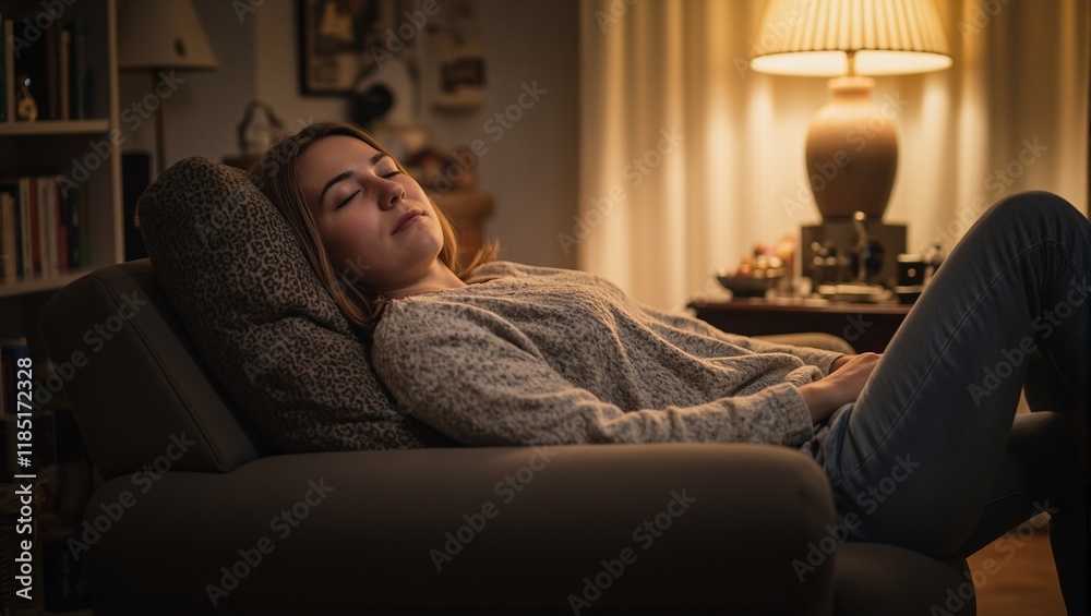 Tired mother napping in cozy chair golden light illuminating her peaceful expression in a serene living room Tired mother napping in cozy chair golden light illuminating her peaceful expression in a serene living room