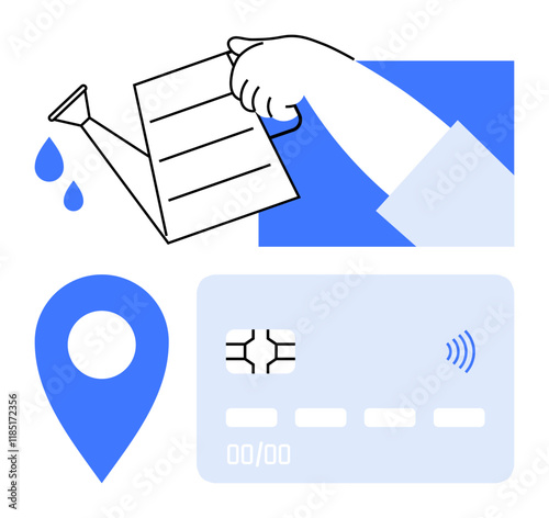 Hand holding watering can pouring drops on paper, blue map pin, and card. Ideal for small business growth, productivity, financial management, transactions, navigation, startups and abstract line