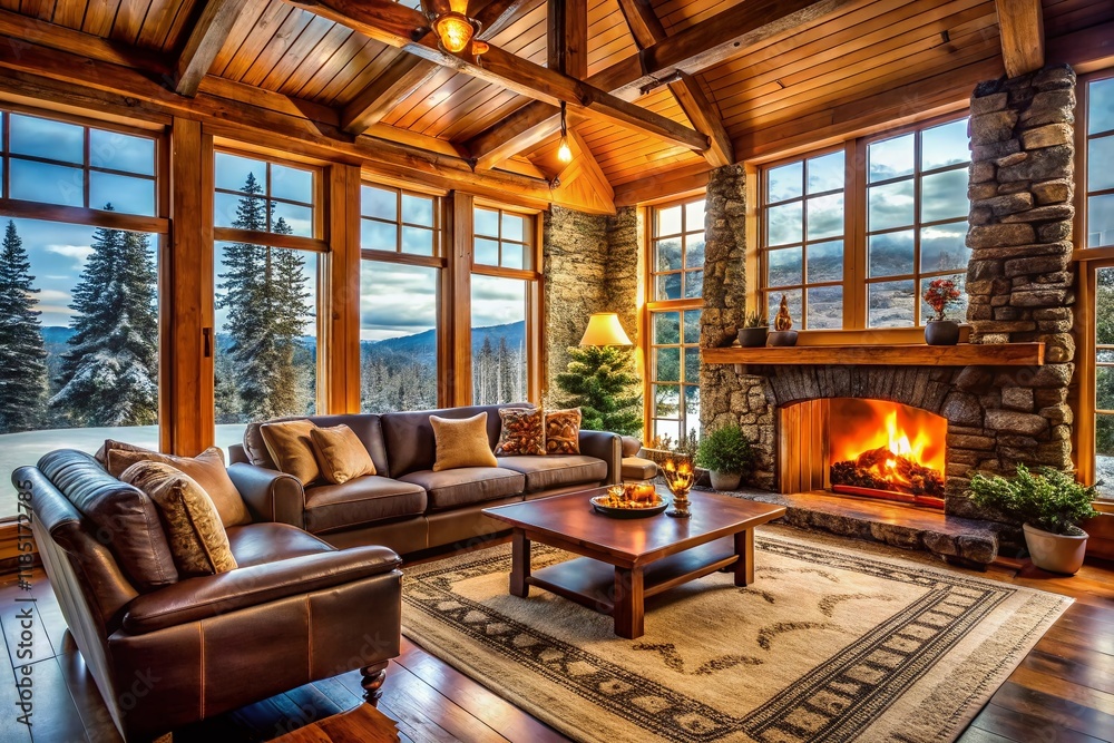 Cozy Cabin Living Room: Fireplace, Large Windows, Rustic Winter Retreat Cozy Cabin Living Room: Fireplace, Large Windows, Rustic Winter Retreat