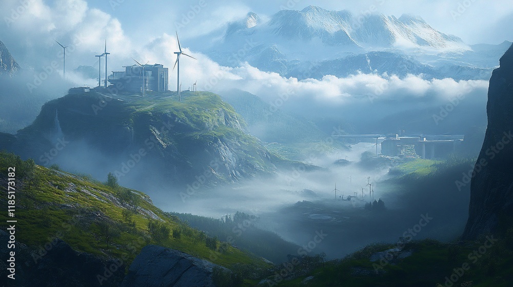 Misty mountain landscape with modern structures and wind turbines.