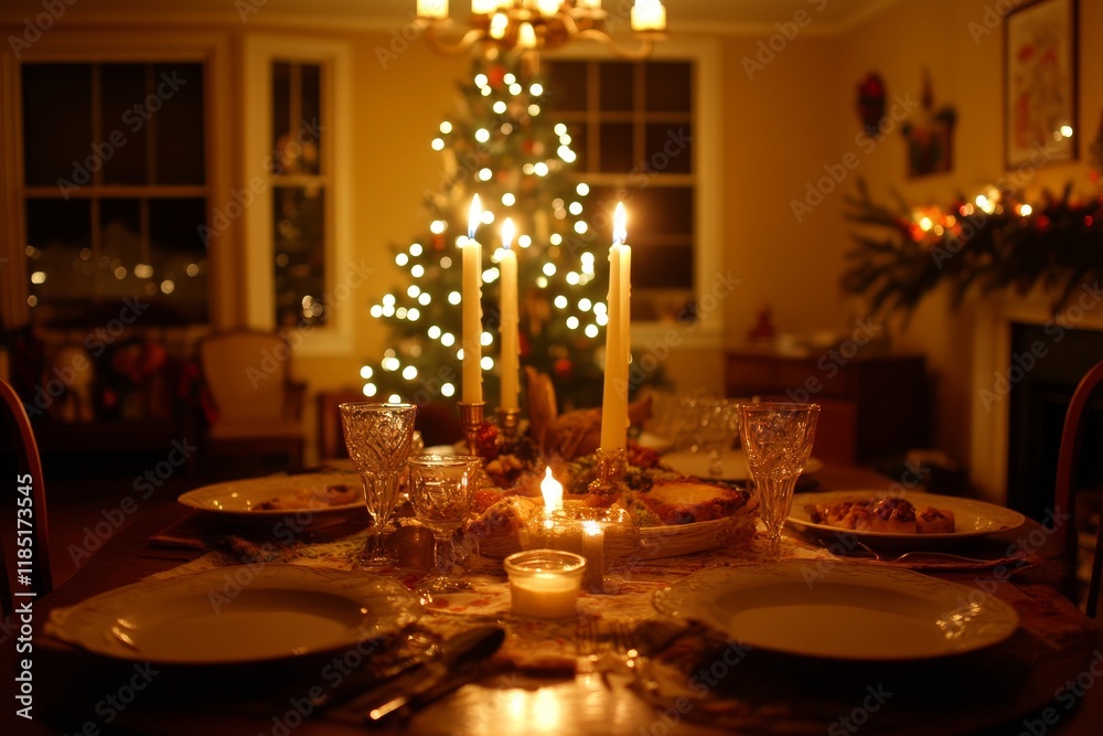 Romantic and Cozy Holiday Dinner Setting with Candlelight, Elegant Tableware, and Festive Christmas Tree in Warm Ambient Light Romantic and Cozy Holiday Dinner Setting with Candlelight, Elegant Tableware, and Festive Christmas Tree in Warm Ambient Light
