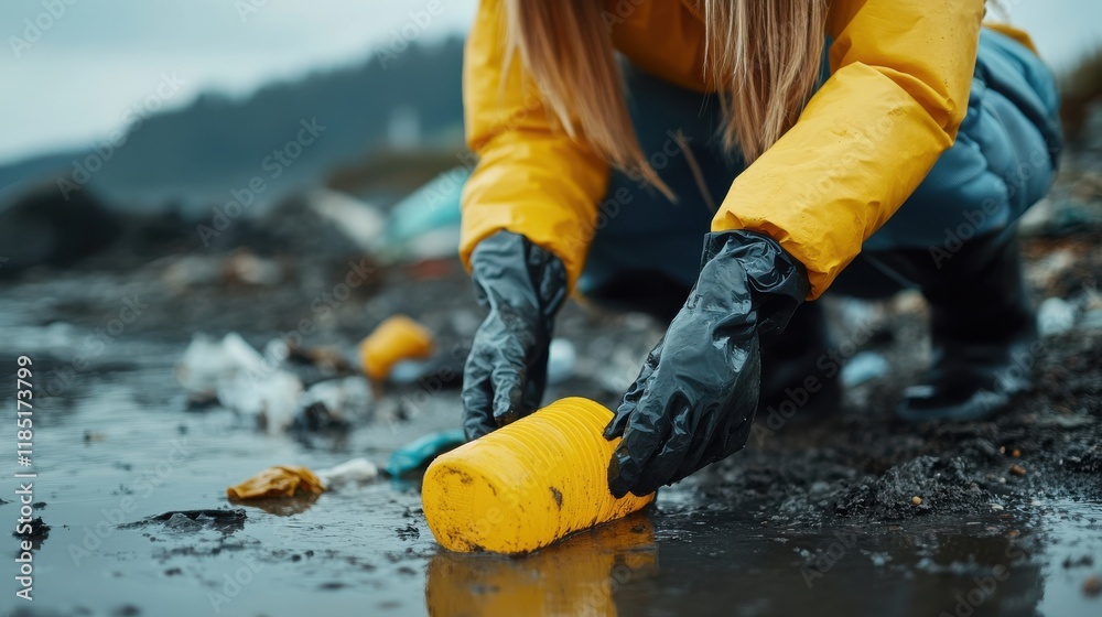 A volunteer collects garbage on a muddy beach. Close-up. The concept of Earth Day. Bottom view A volunteer collects garbage on a muddy beach. Close-up. The concept of Earth Day. Bottom view