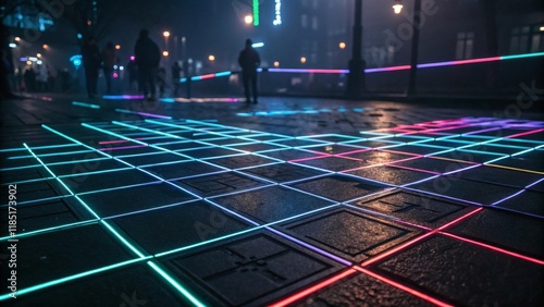 Dark futuristic grid with glowing neon lines and shapes photo