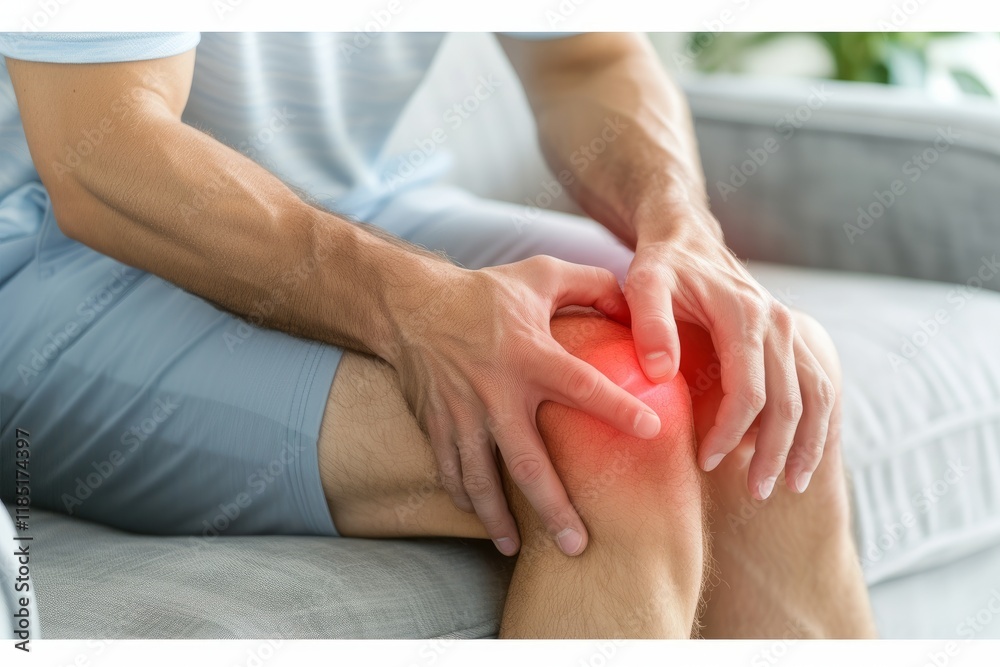 Fototapeta premium A man sitting on a sofa is grimacing while holding his knee with both hands, indicating discomfort. The scene captures a moment of struggle with a common injury. 