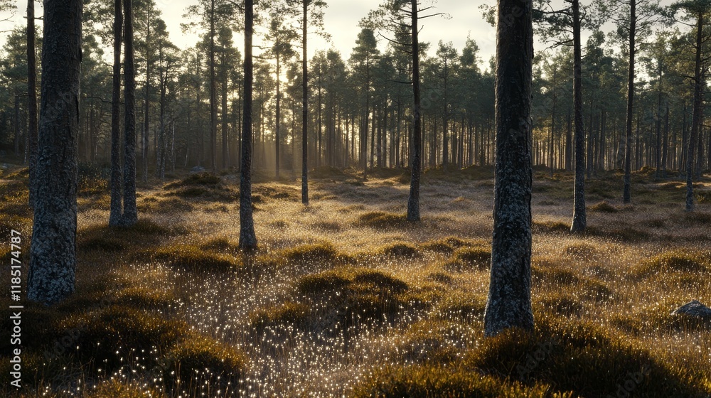 Fototapeta premium Serene Forest Landscape at Sunrise with Soft Light Illuminating Lush Green Moss and Delicate Cotton Grass in a Tranquil Natural Setting